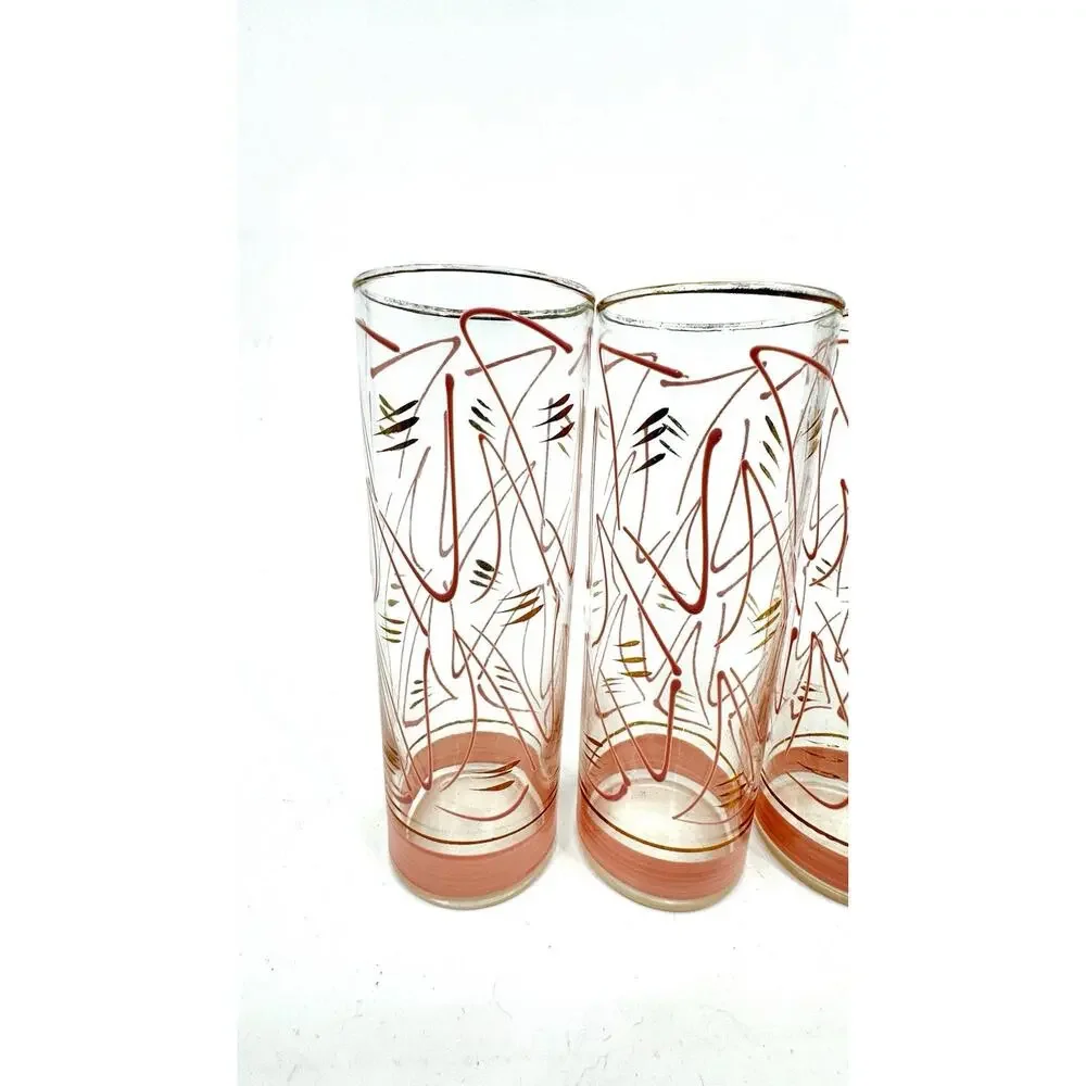 Vintage Zombie Glasses Pink Gold Geometric Shapes MCM Hazel Atlas Set of 4